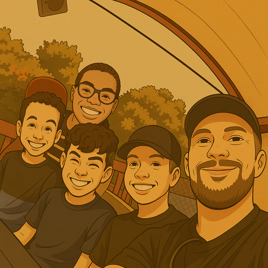 Cartoon-style personal anchor illustration of Deaf parents with one Deaf child and two hearing children, smiling together on an outdoor ride. Trees and fencing are in the background, with a warm golden filter over the image.