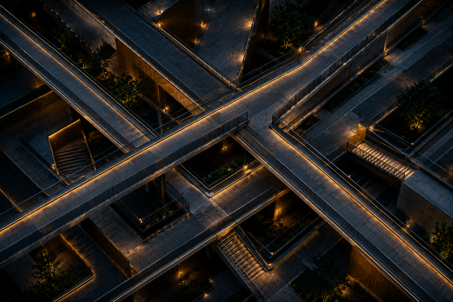 Nighttime aerial view of a modern multi-level building with illuminated walkways, stairs, and greenery.