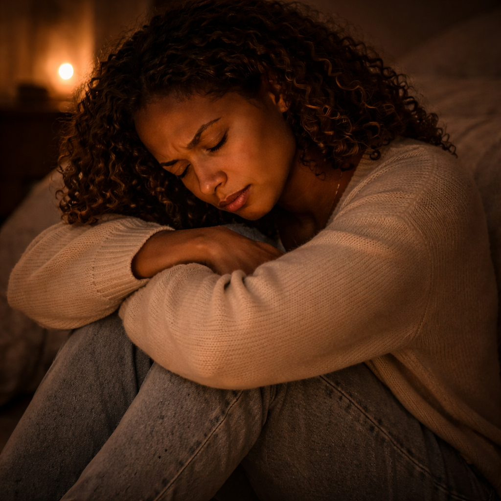 Cinematic photograph in low, warm lighting. A woman with curly hair sits on the floor with her knees drawn close, her head resting against her arms. Her eyes are closed, and her expression carries visible emotion, suggesting tears or deep distress.