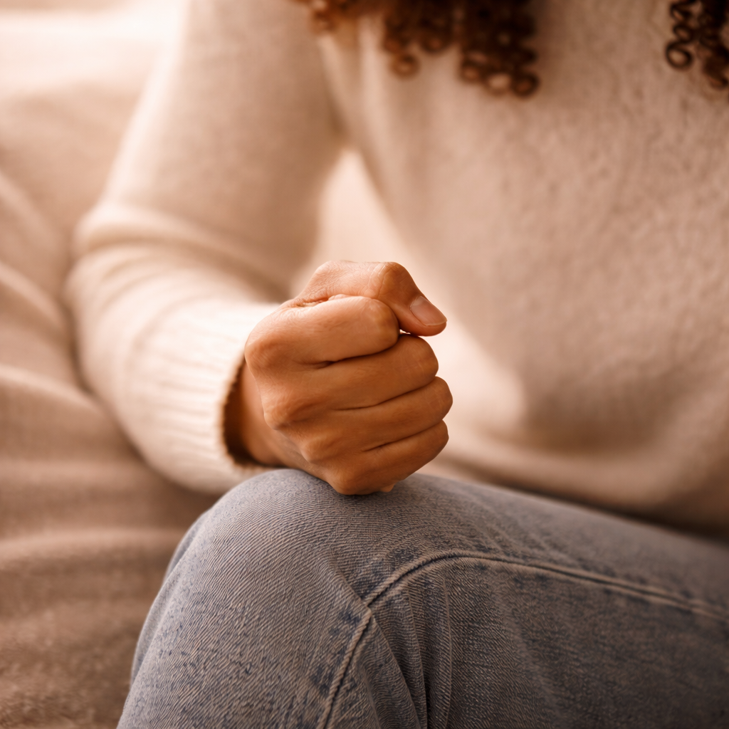 Photograph of a single brown-skinned hand clenched into a fist, resting on a knee. The person is wearing a light-coloured knitted jumper and blue jeans. Soft, warm lighting creates a grounded, steady atmosphere.
