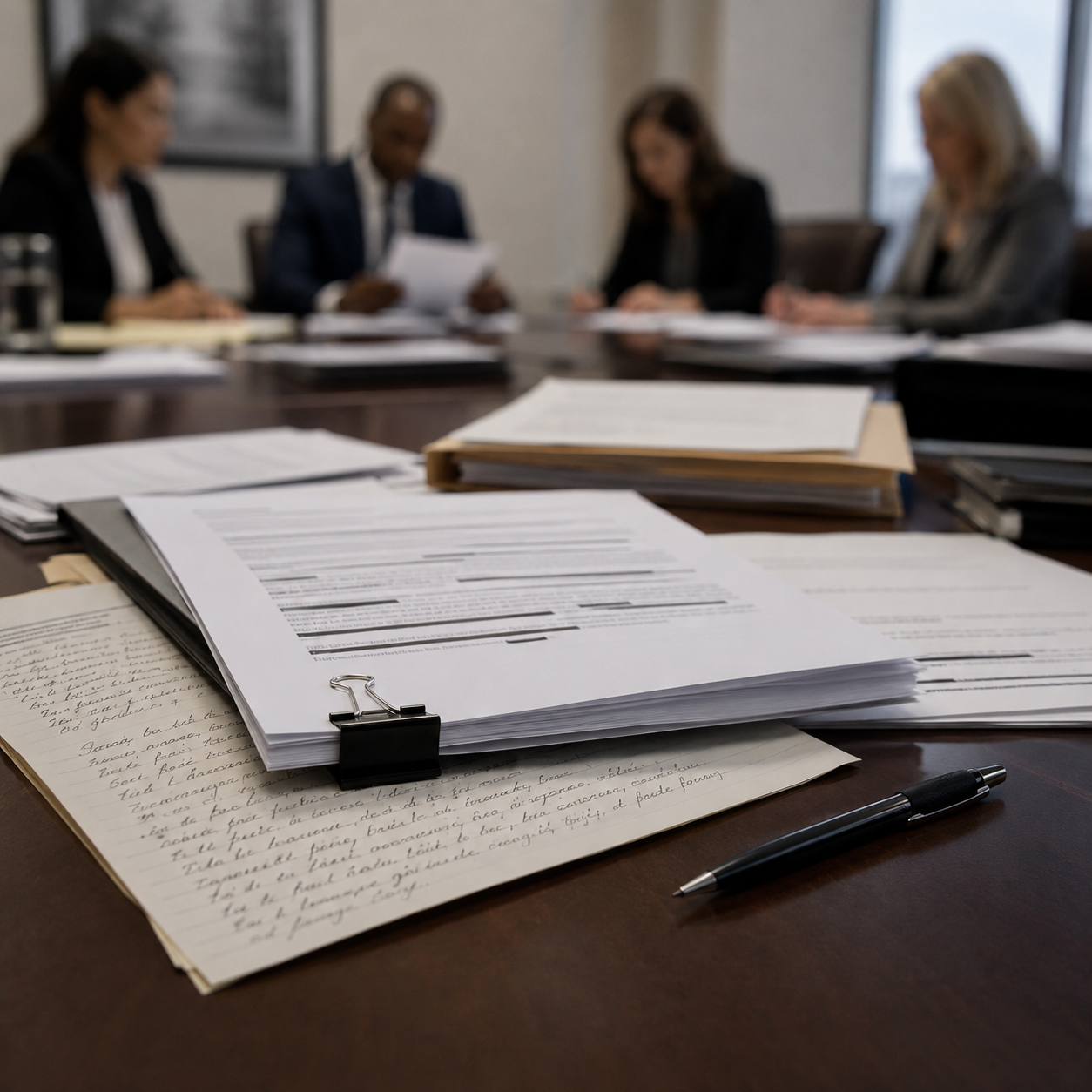 A formal meeting table with handwritten notes partly covered by official typed documents and clipped paperwork.