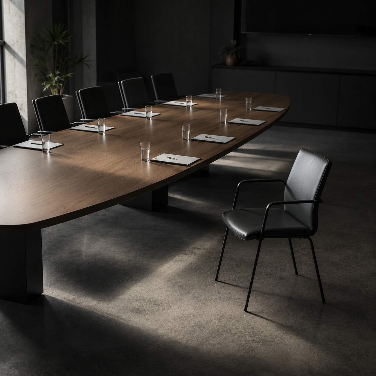 A large conference table sits in a modern meeting room, surrounded by neatly arranged chairs. One chair is positioned slightly away from the table and separated from the others.