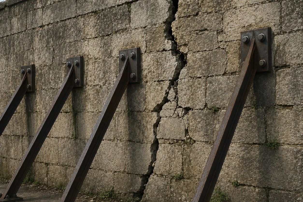 A large stone wall with a prominent vertical crack running through its structure. Several heavy metal support braces hold the wall upright despite the visible damage.