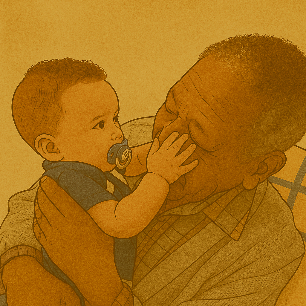 Cartoon-style personal anchor illustration of a warm family moment. A baby gently touches his great-grandfather’s face while sitting on his lap. The older man smiles softly with his eyes closed, dressed in a checked shirt and a grey cardigan.
