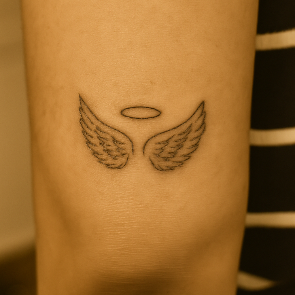 Photograph of a black ink tattoo of angel wings on the upper arm in warm vintage style with a subtle sepia overlay. The wings are detailed with fine feather lines, curved upward to form a heart shape.