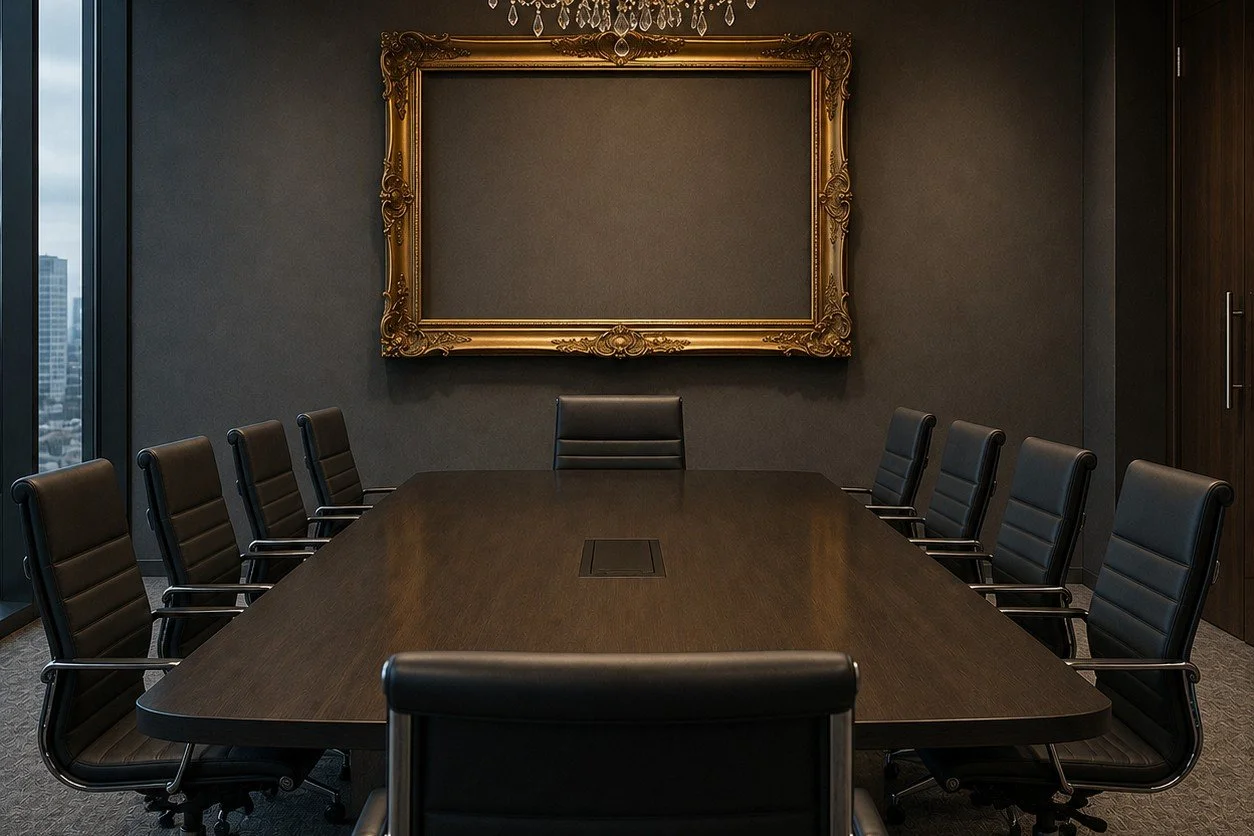 A professional boardroom with a long meeting table surrounded by office chairs. A large, ornate empty picture frame hangs above the table, and a decorative chandelier hangs from the ceiling.