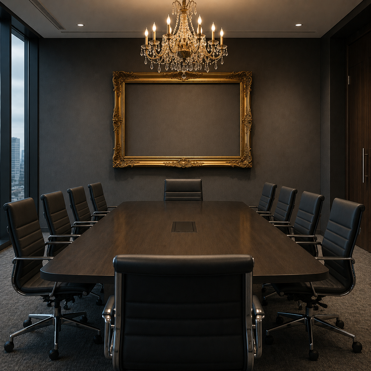 A professional boardroom contains a long meeting table surrounded by office chairs. Above the table hangs a large ornate empty picture frame, while a decorative chandelier hangs from the ceiling.