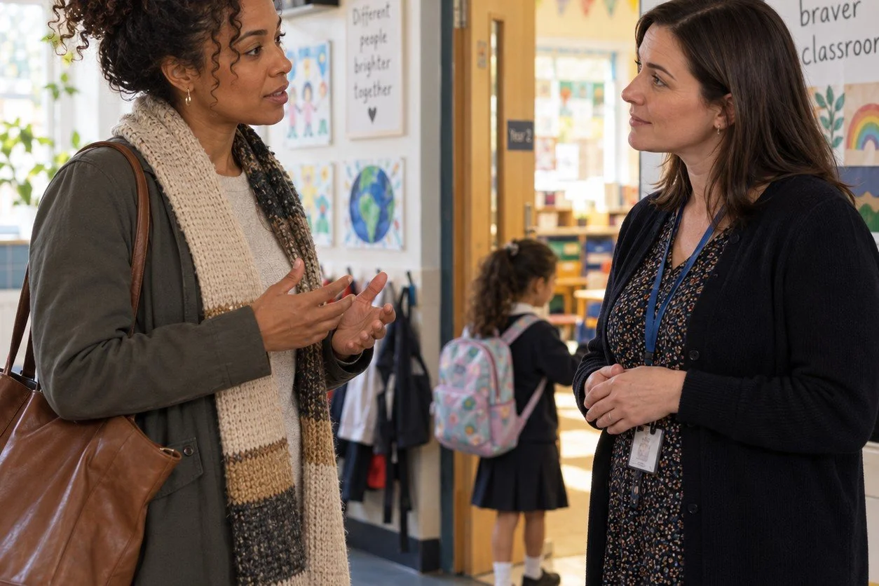 A woman with curly dark hair tied up, wearing a green jacket and cream scarf, gestures with both hands while facing a school staff member wearing a dark cardigan and blue lanyard.