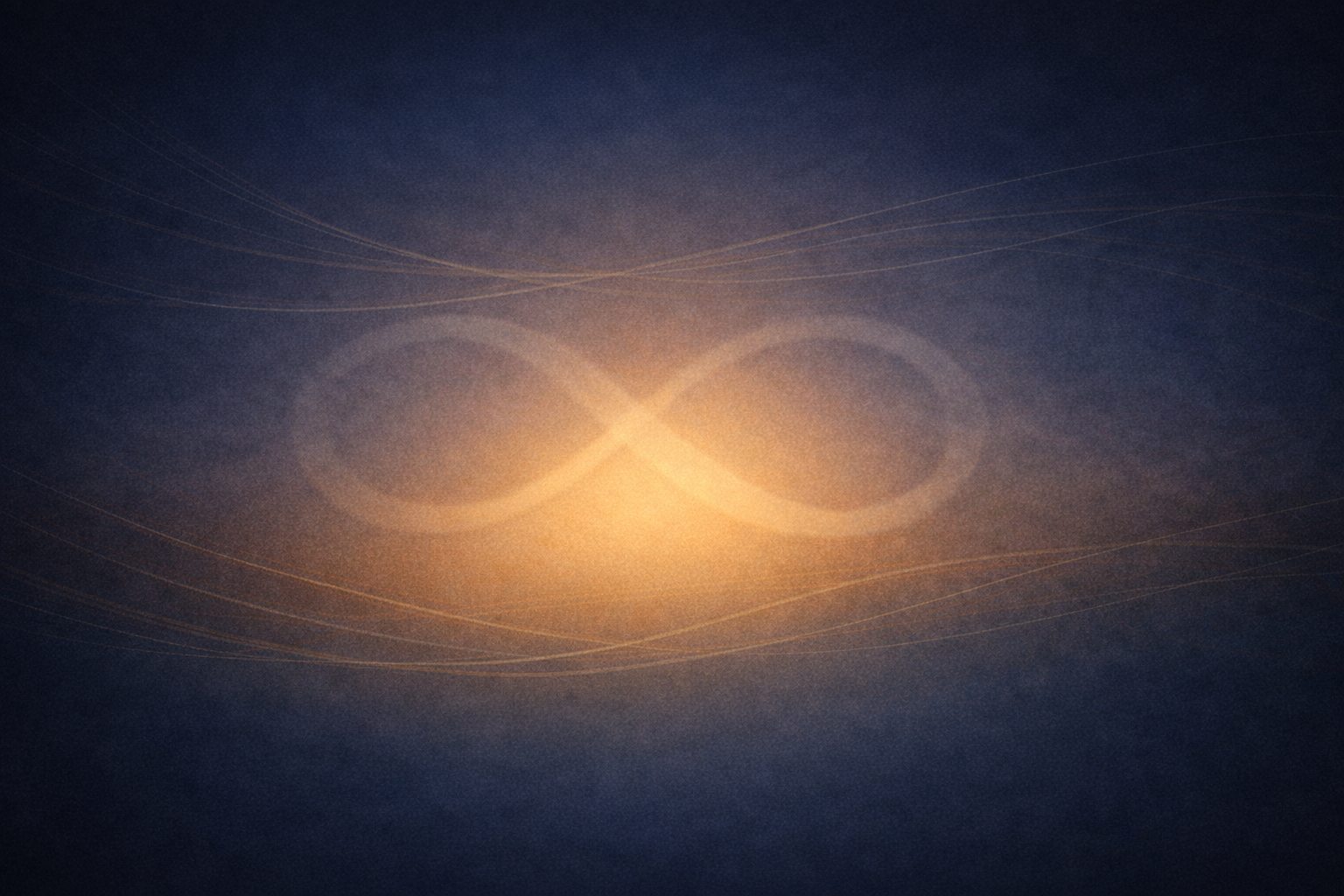 Textured navy-blue background with a soft golden light at the centre forming a subtle infinity symbol. Fine golden lines flow outward, creating a calm, reflective atmosphere.