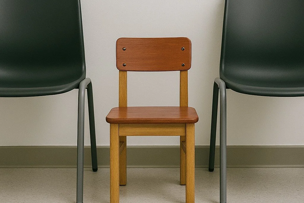A small wooden chair stands between two larger dark green chairs with grey metal legs. All three chairs are positioned against a plain light-coloured wall on a pale floor. No people are present.