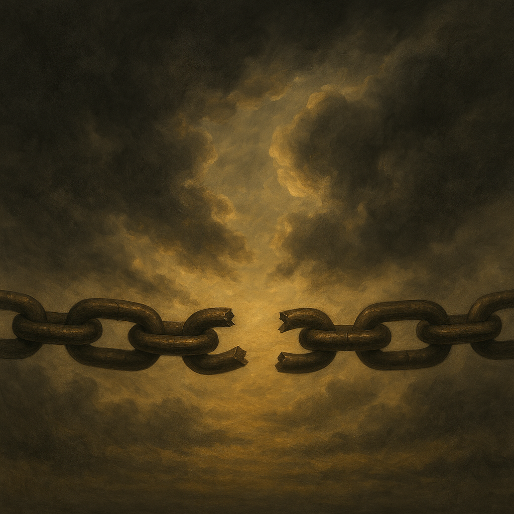 A sepia-toned oil-painting of heavy chains snapped apart beneath a dark, clouded sky lit by soft golden light. It symbolises release from hidden burdens carried too long.
