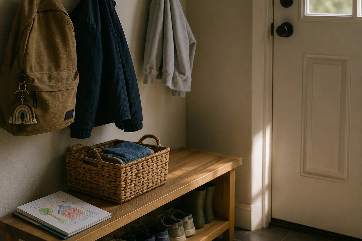 A tan backpack with a rainbow keyring hangs beside dark and light-coloured jackets on wall hooks in a family hallway. A wooden bench below holds a wicker basket of folded clothes and a child's drawing, with several pairs of shoes on the lower shelf.