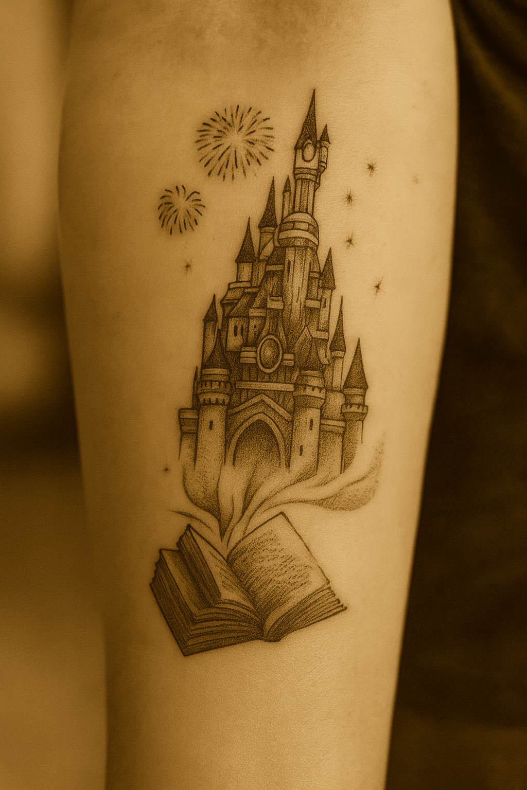 Photograph of a black ink tattoo depicting a castle silhouette with small sparkles above. The image has a warm sepia overlay, representing a mix of nostalgia and creativity.