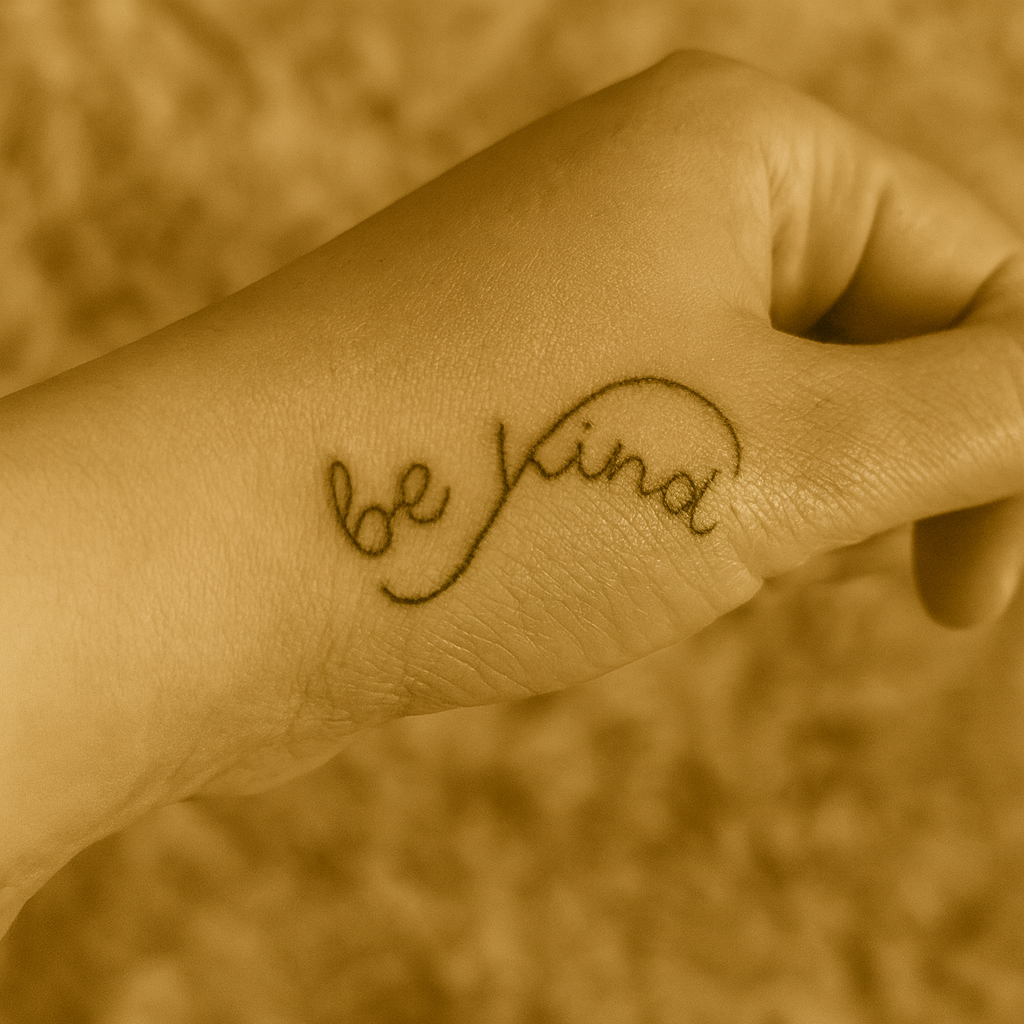 Photograph of a simple script tattoo on the wrist reading “Be Kind” in black ink. The skin tone is shown in natural light with a soft sepia overlay.