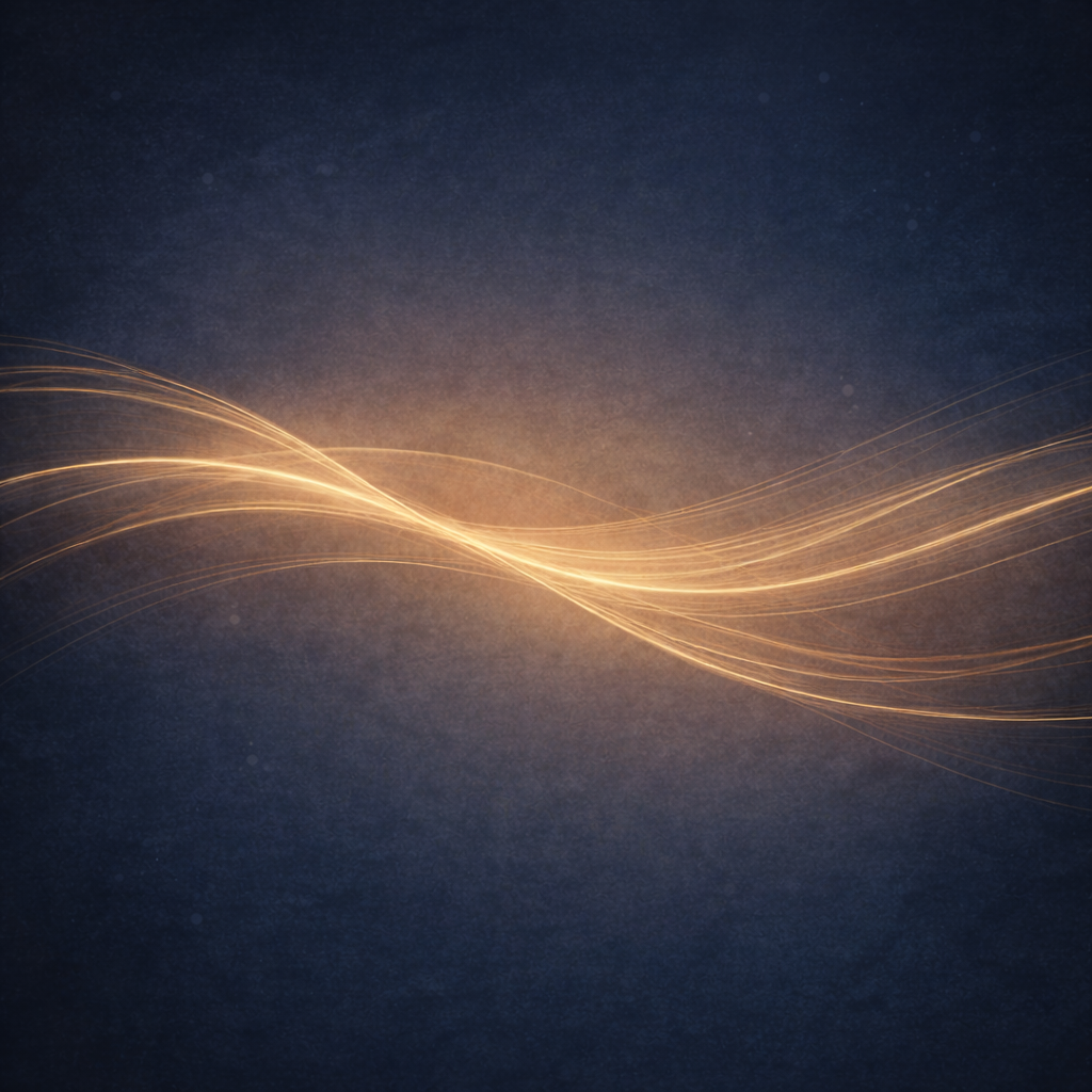 Soft, flowing golden lines move across a deep navy textured background, forming an organic wave-like pattern. The image suggests rhythm, movement, and continuity without a fixed structure.