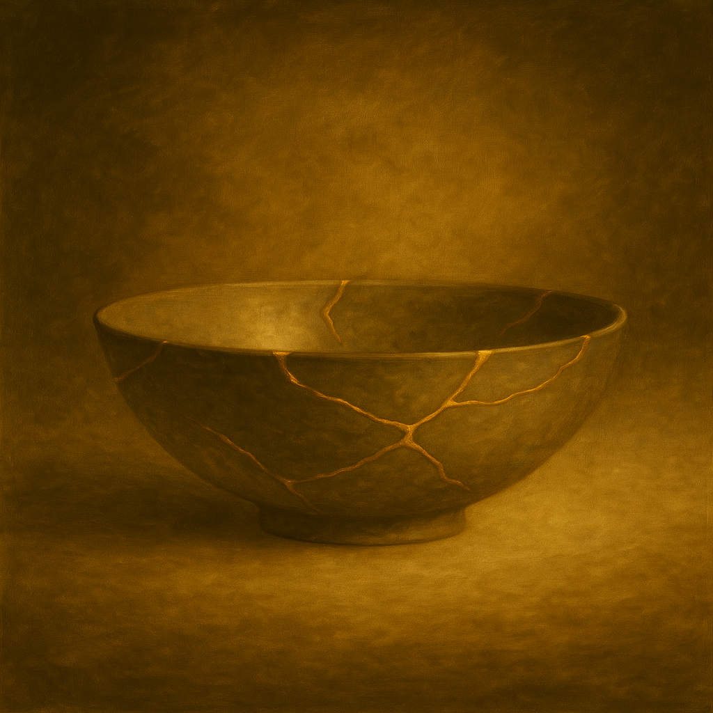 Sepia-toned image of a cracked bowl repaired with glowing seams, symbolising trauma, healing, and emotional repair.