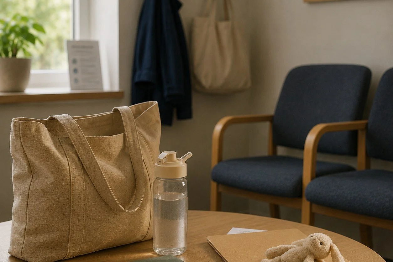 A beige fabric tote bag, clear water bottle, green notebook with a black pen, and a brown folder with a small cream-coloured soft toy rabbit rest on a round wooden table. Two dark-blue upholstered chairs sit nearby.