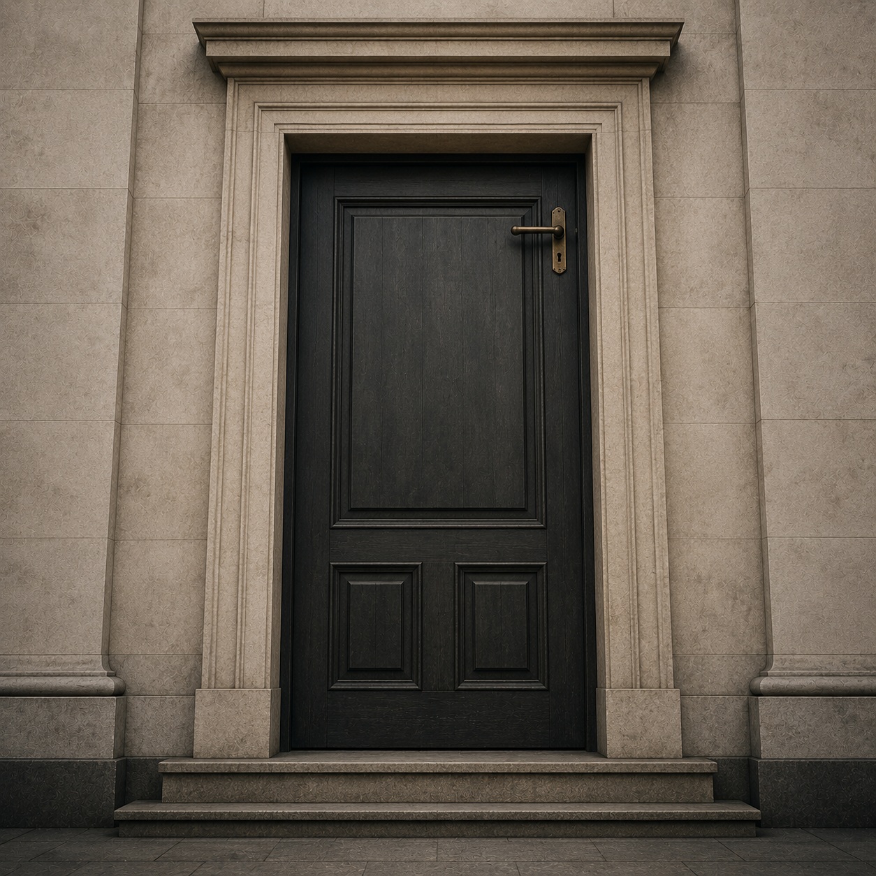 A tall institutional doorway stands within a stone facade. The door handle is positioned unusually high above normal reach, while the entrance itself appears otherwise functional and accessible.