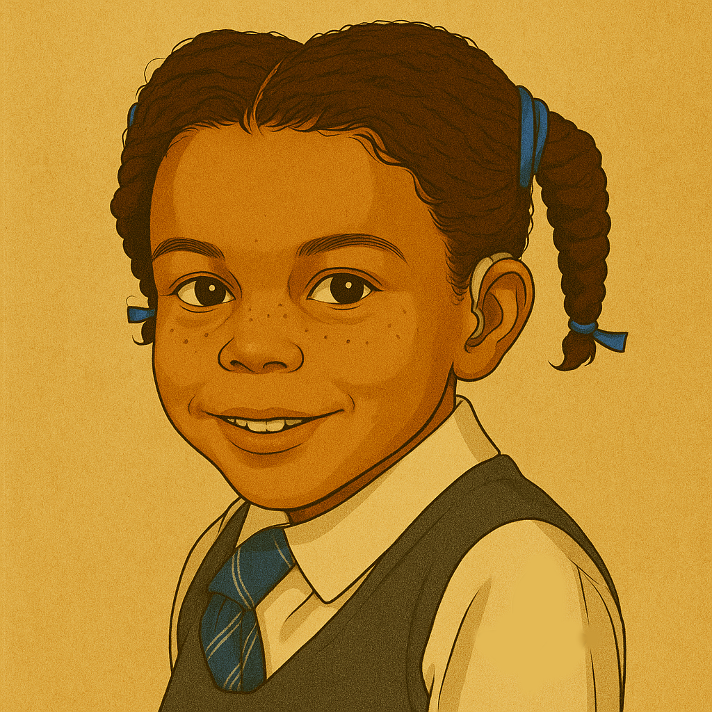 Cartoon-style personal anchor illustration of a young schoolgirl with braids, wearing a tie, a white shirt, and a grey pinafore. A hearing aid is visible.