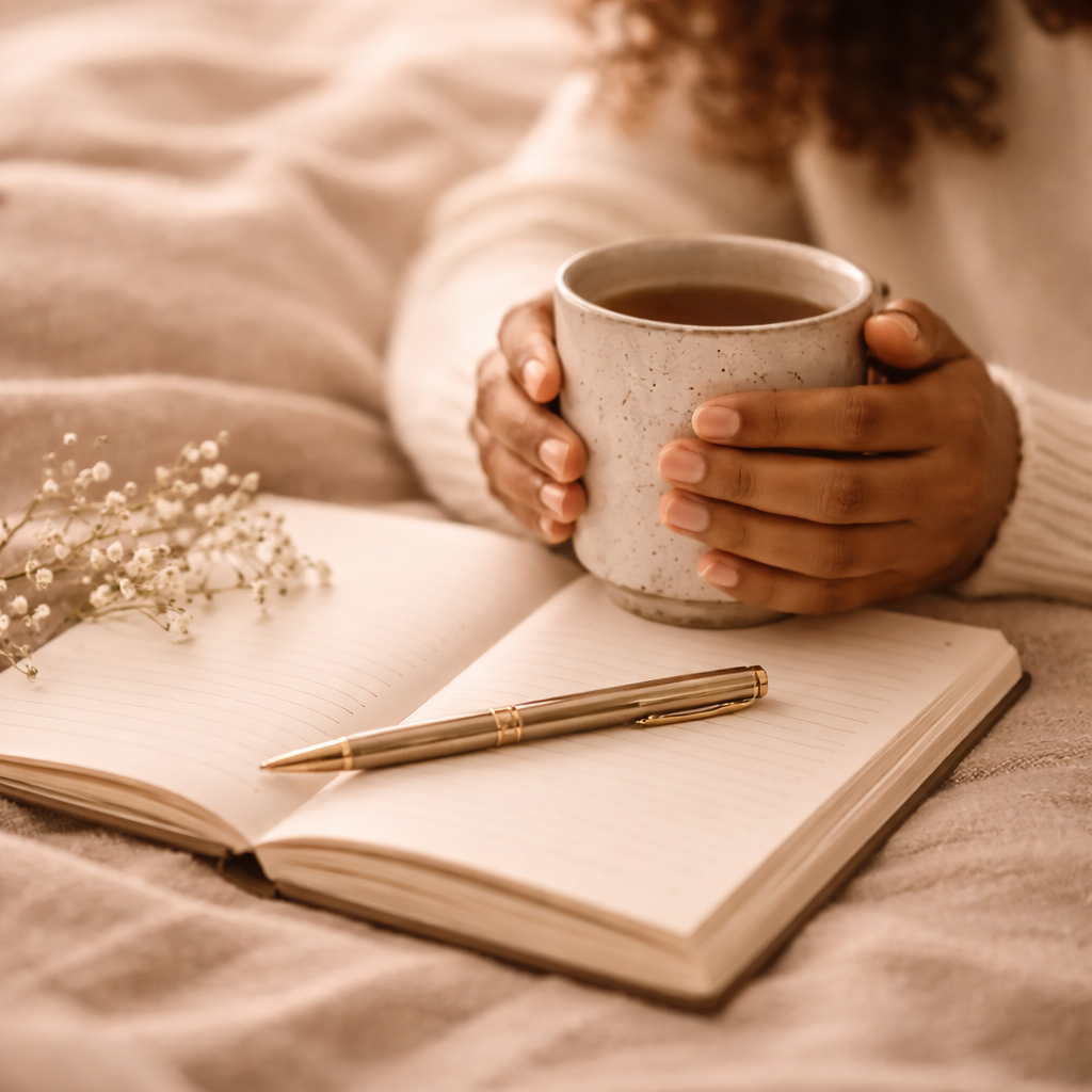 Photograph of a brown-skinned person holding a ceramic mug above an open notebook with a pen resting across the pages.