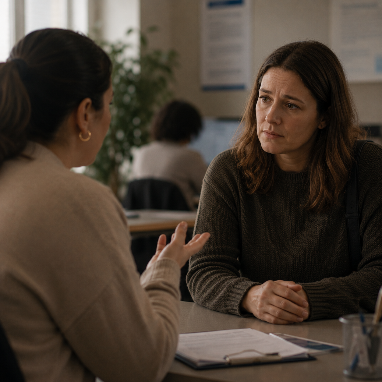 Soft, muted photograph of two people seated across from one another at a table in what appears to be a healthcare or support setting. One person gestures while speaking, while the other listens with a concerned and thoughtful expression.