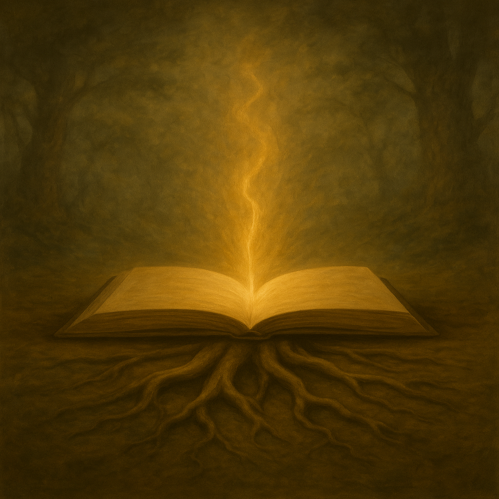 Sepia illustration of an open book emitting golden light, with roots extending beneath it, symbolising identity, self-awareness, and grounded understanding.