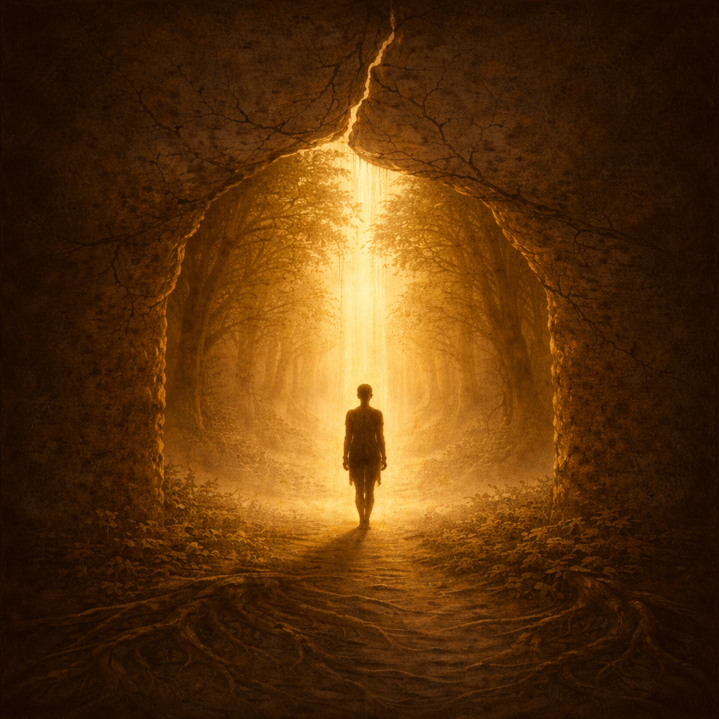 A person walking into a bright, glowing forest through a dark, rocky cave opening, with golden light illuminating the trees and pathway.