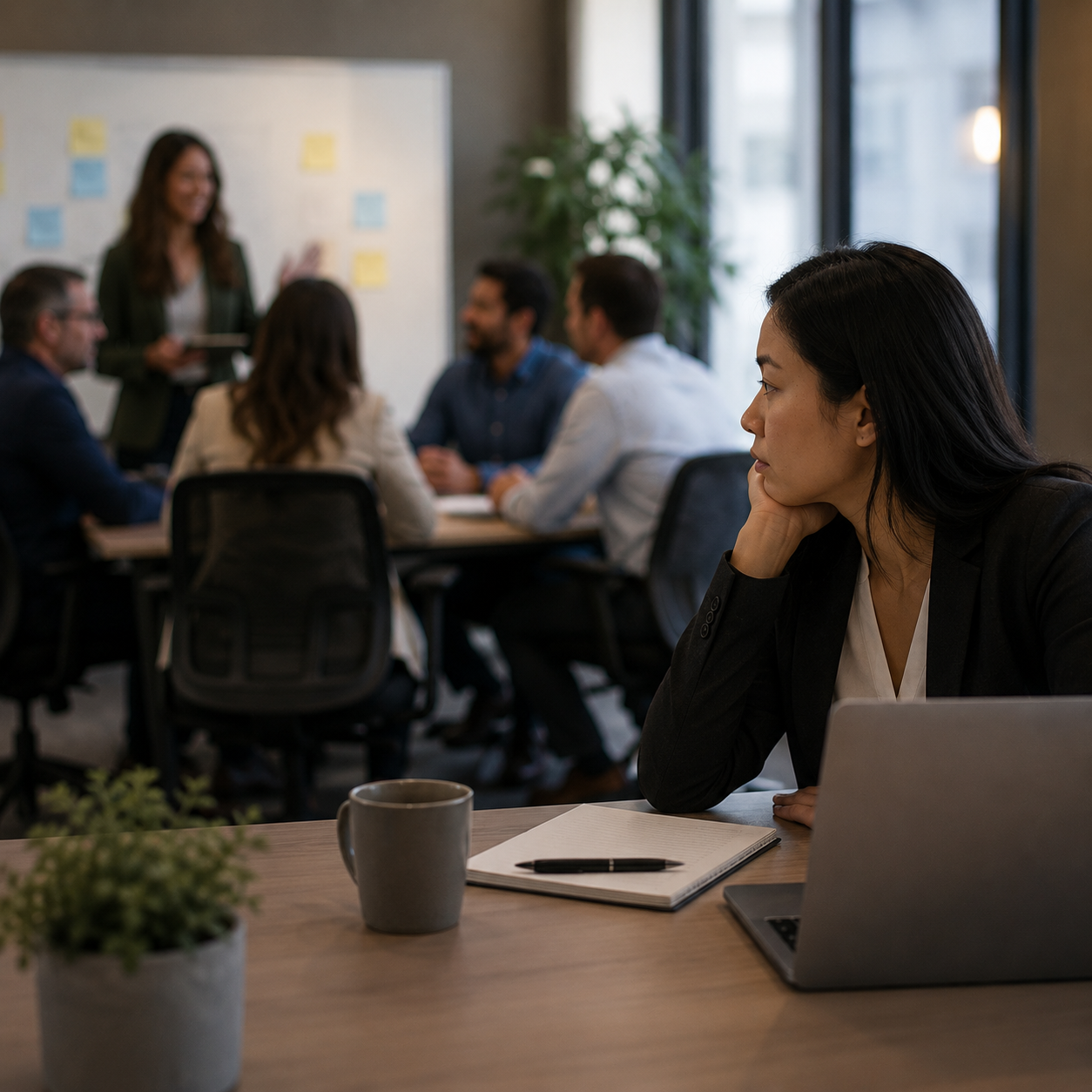 Soft, muted photograph of a person sitting alone at a desk with a laptop, notebook, and mug while a group of colleagues take part in a meeting or training session in the blurred background.