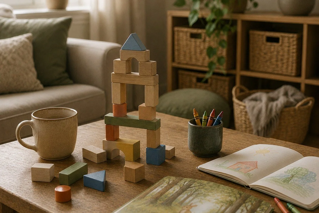 A partly built tower of wooden blocks stands on a wooden coffee table, with coloured blocks scattered around it. A ceramic mug, crayons and two open children's books are nearby, one showing a drawing of a house and sunshine.