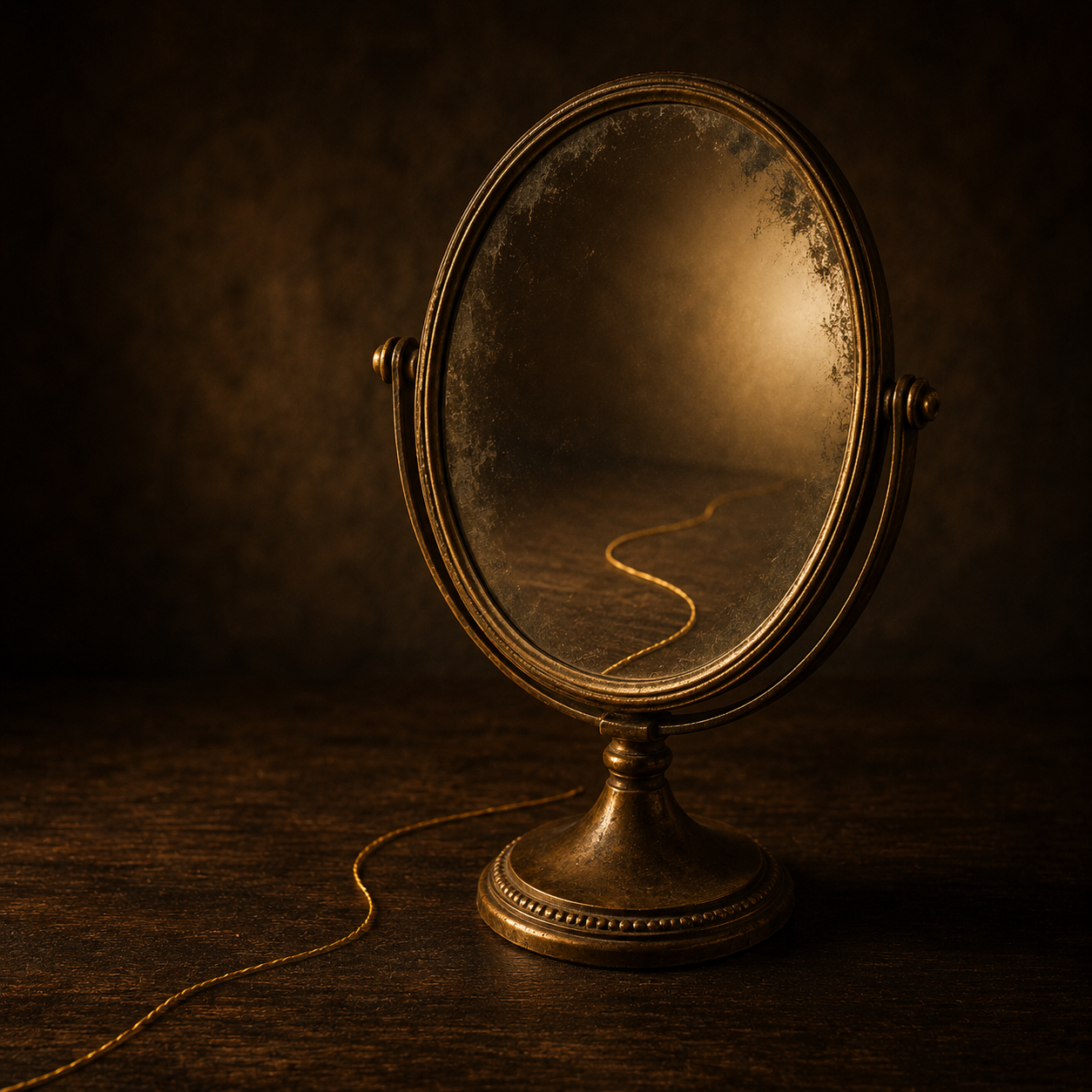 An aged oval mirror stands against a dark background, reflecting a single golden thread winding into the distance rather than a person, symbolising identity, self-reflection and following one’s own thread.