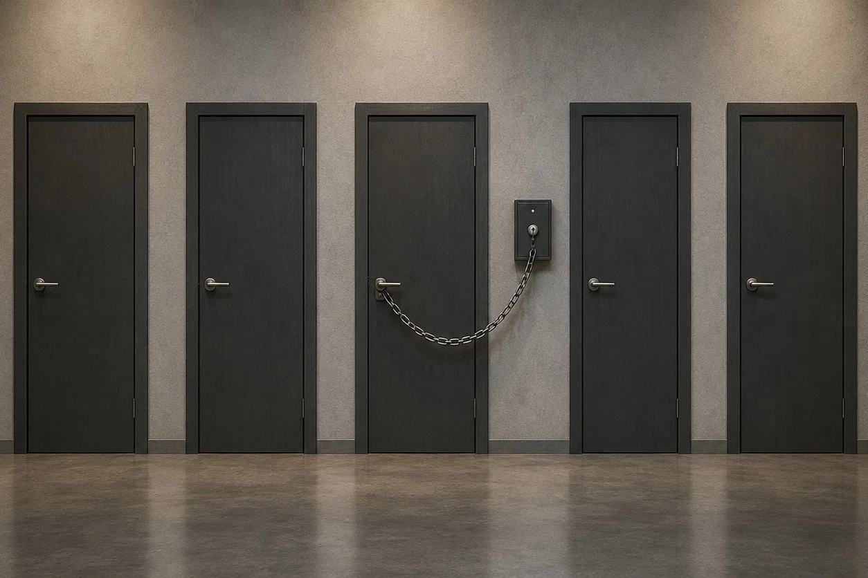 A minimalist hallway lined with five identical doors. Four doors have simple handles, while one door has a handle and a chain attached to a control box mounted on the wall beside it.