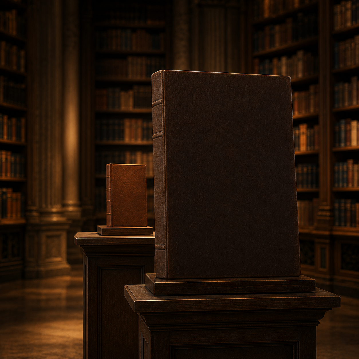 A grand library filled with towering bookshelves and warm lighting. At the centre, a small book stands on a pedestal while a much larger book sits in front of it, partially blocking it from view.