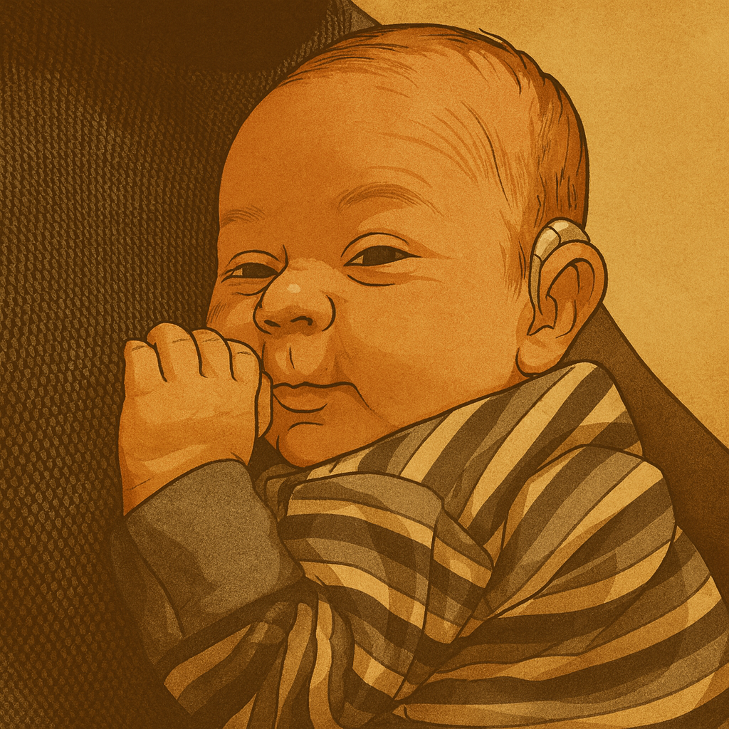 Cartoon-style personal anchor illustration of a baby with short hair, wearing a striped top and a hearing aid, resting gently against someone’s chest.