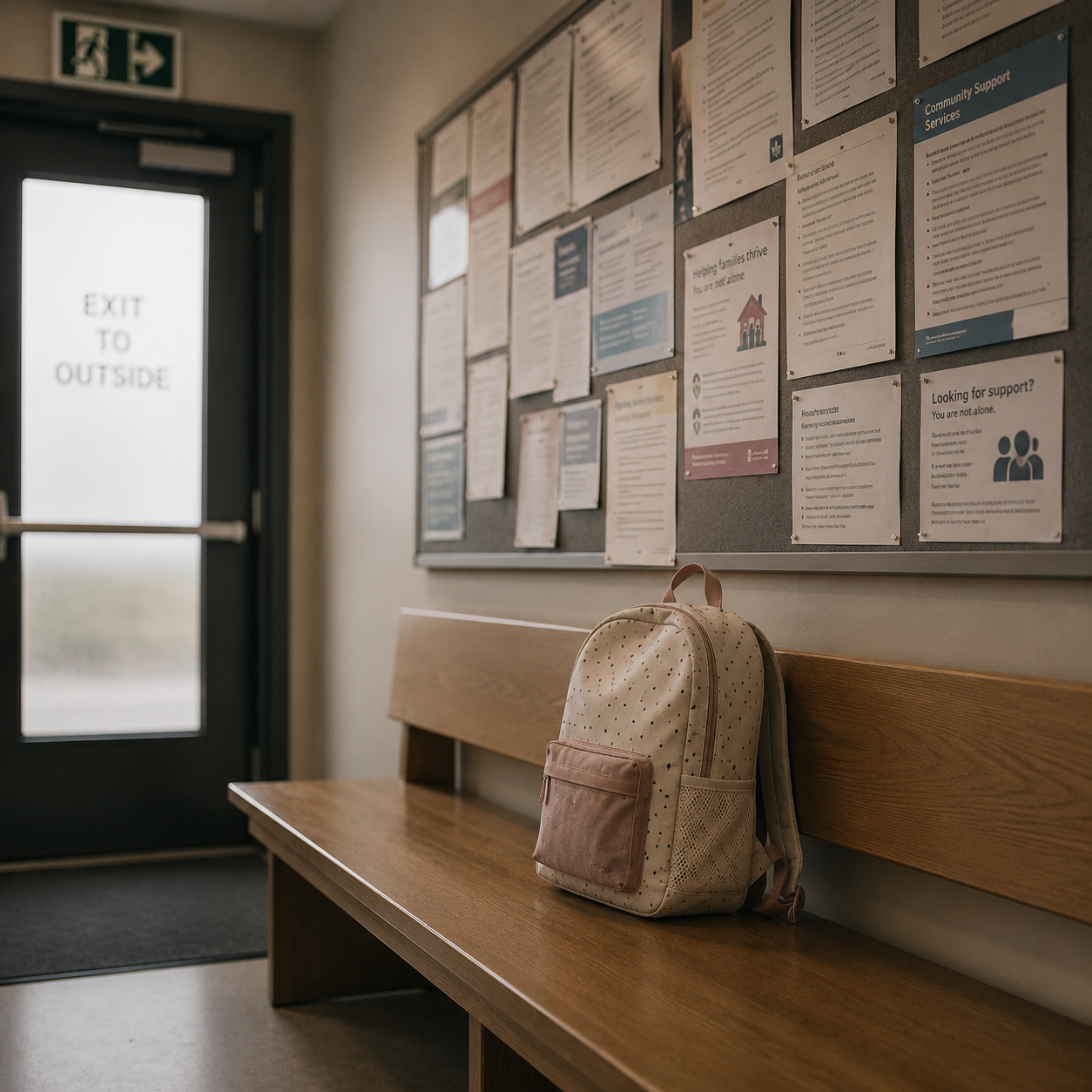 A child’s backpack sits alone on a wooden bench beneath a noticeboard covered with information sheets and community notices. An exit door stands nearby, softly lit by daylight. The space is quiet and empty, creating a reflective atmosphere.