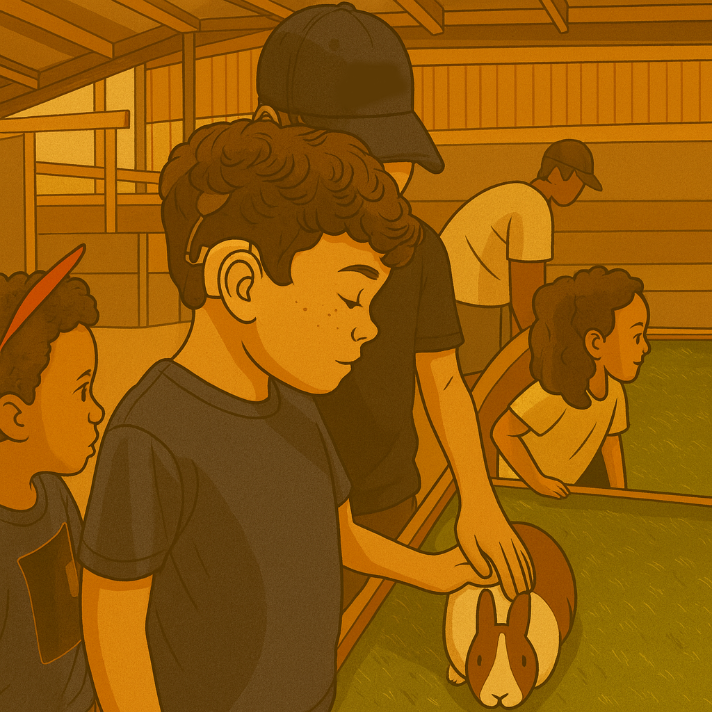 Cartoon-style personal anchor illustration of children at a farm. A boy with a cochlear implant gently strokes a brown and white rabbit while his brothers and other children stand nearby.