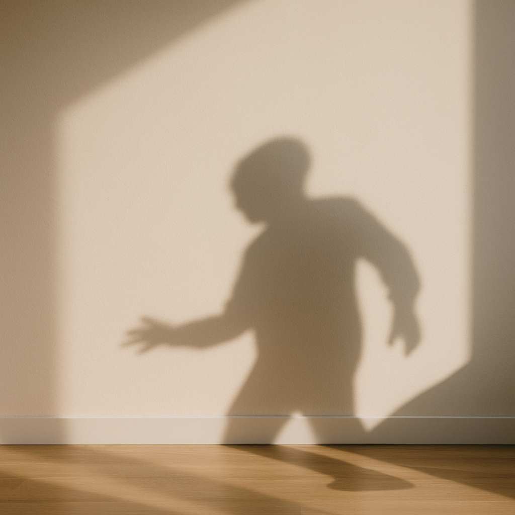 Symbolic photograph: A child-sized shadow is cast on a wall by warm sunlight entering from the side. The figure is blurred and indistinct, with no visible person present in the frame.