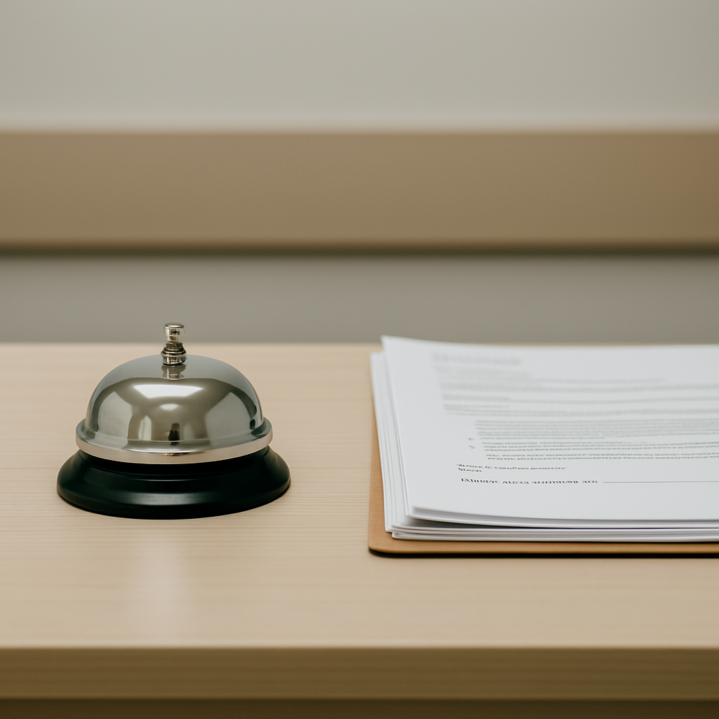 Symbolic photograph: A silver service bell sits on a wooden desk beside a neatly stacked set of documents. The setting is calmly lit with no people shown.