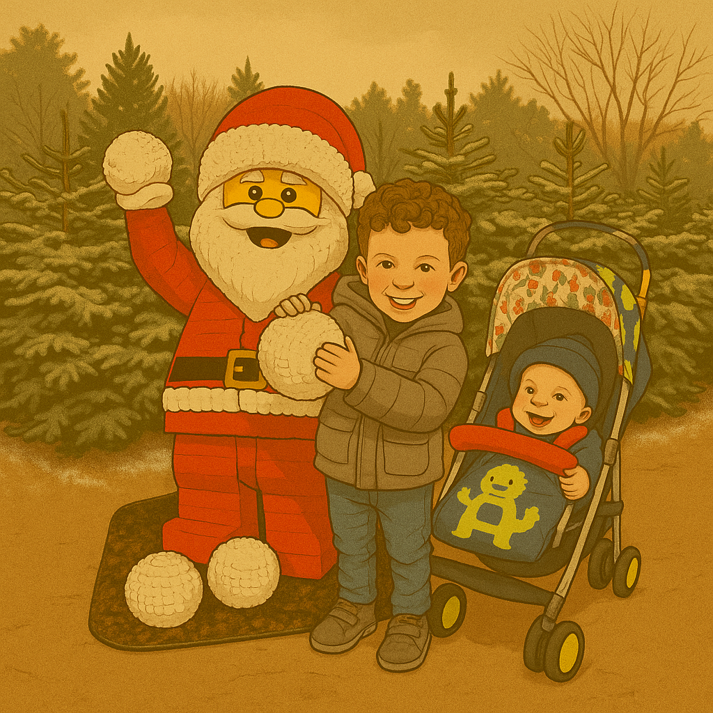 Cartoon-style personal anchor illustration of two young brothers at a winter attraction with a large LEGO-style Santa figure. The older brother stands beside Santa, smiling proudly, while the younger sits in a stroller, laughing with joy.