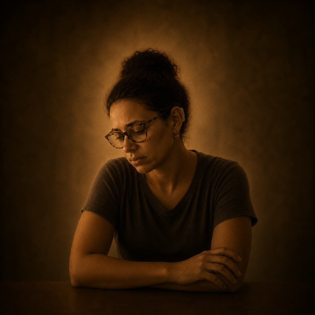 A sepia-toned oil painting of the Anchor Woman sitting quietly at a table beneath soft golden light. Her shoulders are slightly lowered, her arms rest heavily in front of her, and her gaze is turned down.