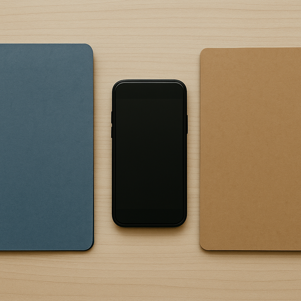 Symbolic photograph: A smartphone lies on a wooden surface between two closed notebooks – one navy, one brown. The layout is simple and symmetrical, lit with soft natural light. No people are shown.