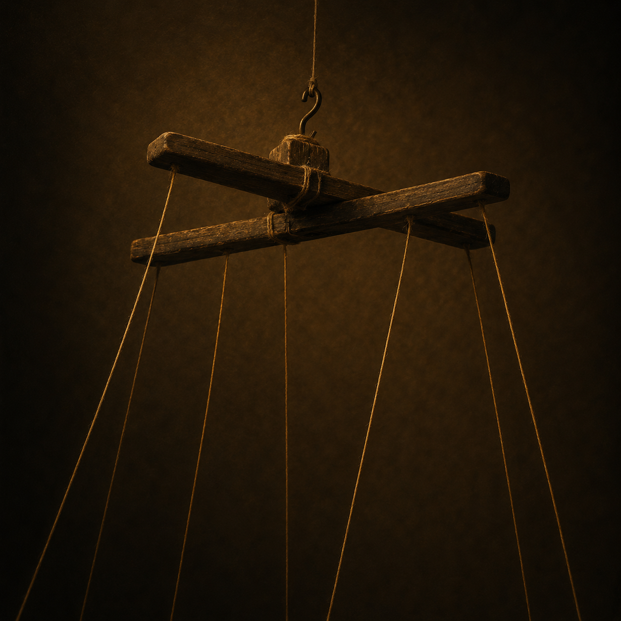 A dark wooden marionette control hangs from a hook, with several long strings dropping into the darkness below, symbolising control, manipulation and unseen influence.