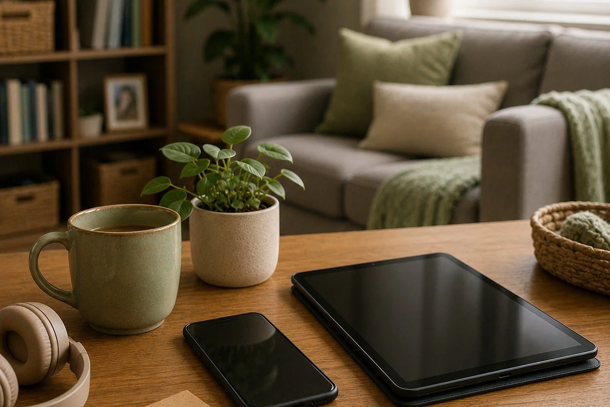 A black smartphone and tablet with dark screens rest on a wooden table beside a green ceramic mug, a small potted plant, a spiral notebook and a pen. Beige over-ear headphones lie at the edge of the table.