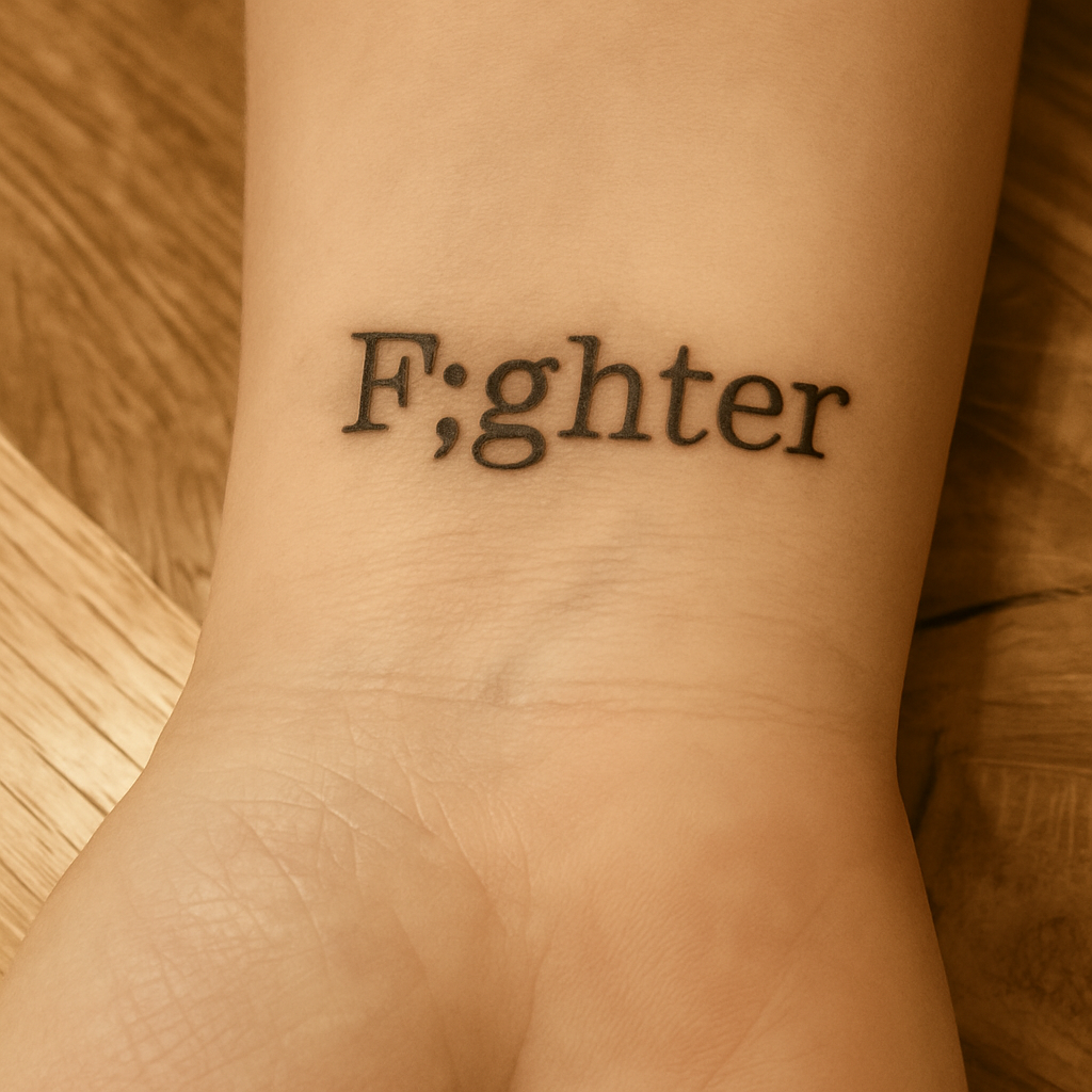 Photograph of a black ink tattoo on the inner wrist that reads ‘F;ghter,’ with the semicolon replacing the letter i. The tattoo is shown on authentic skin tone against a wooden background, cropped closely so the word is central.