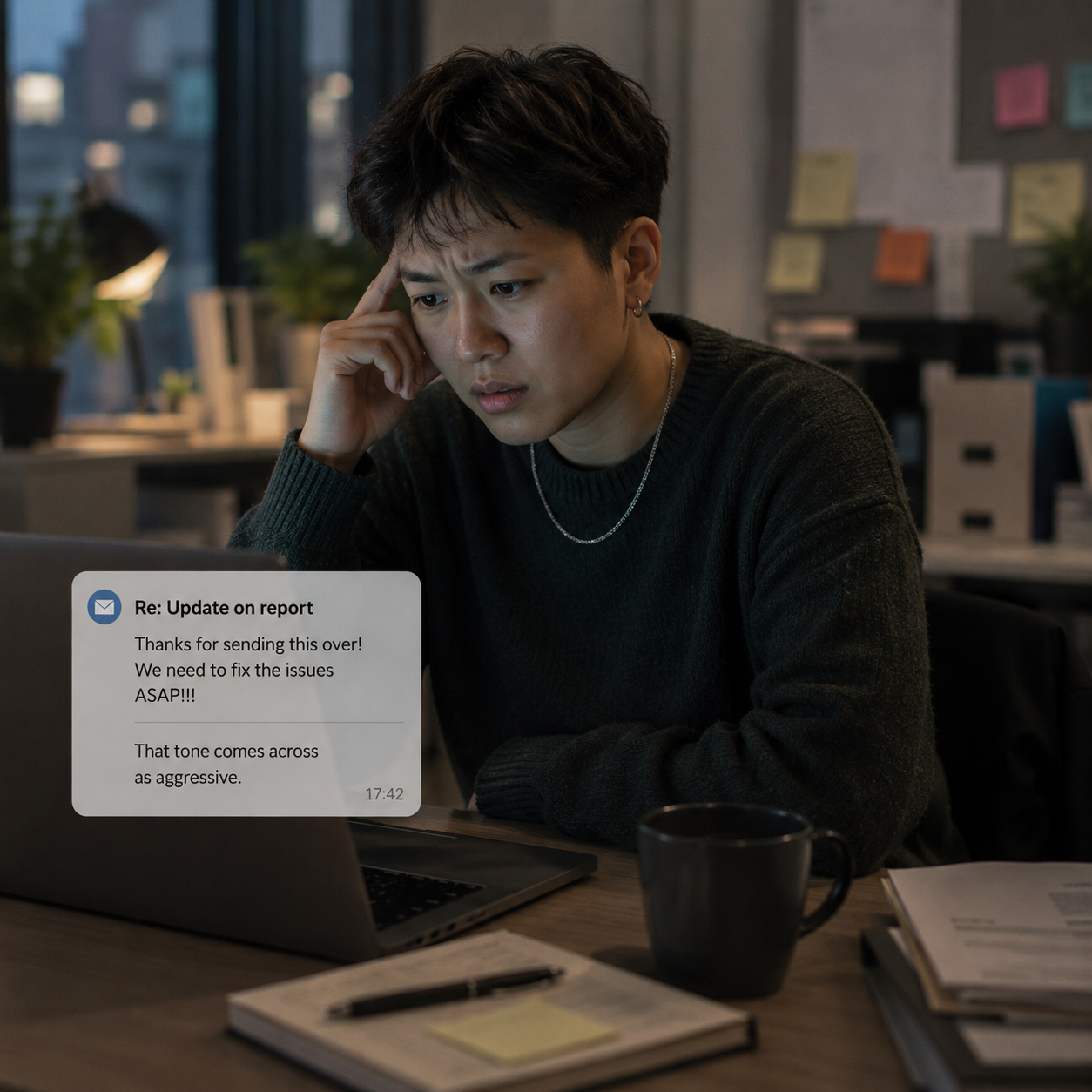 Soft, muted photograph of a young person sitting alone at a desk in a dim office, looking thoughtfully at a laptop screen after reading a work email. A message overlay on the screen references tone being perceived as aggressive.