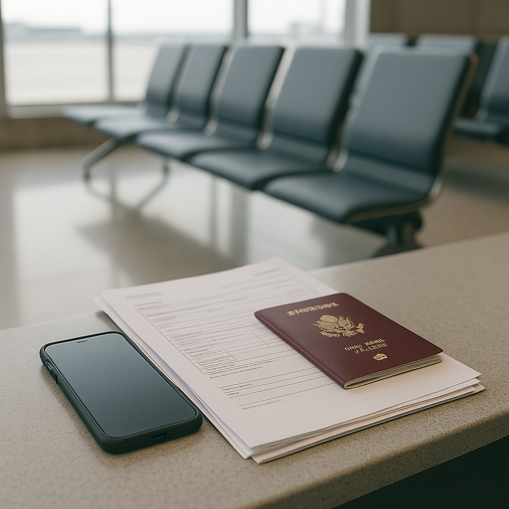 Symbolic photograph: A smartphone, passport, and a stack of documents rest on a counter in an empty airport waiting area. Rows of vacant seats are visible in the background under soft, natural light. No people are shown.