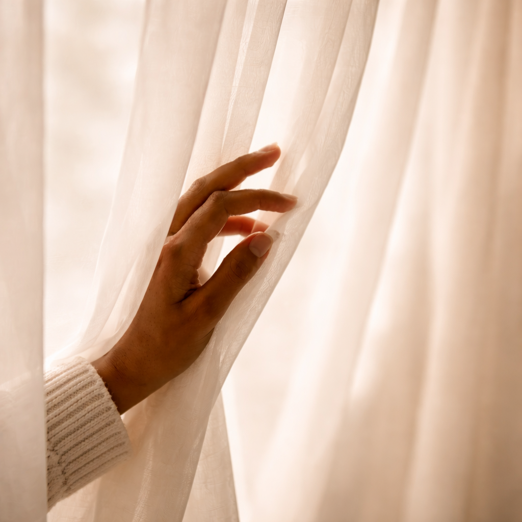 Photograph of a single brown-skinned hand gently touching sheer white curtains. Soft natural light filters through the fabric, creating a calm, warm atmosphere.