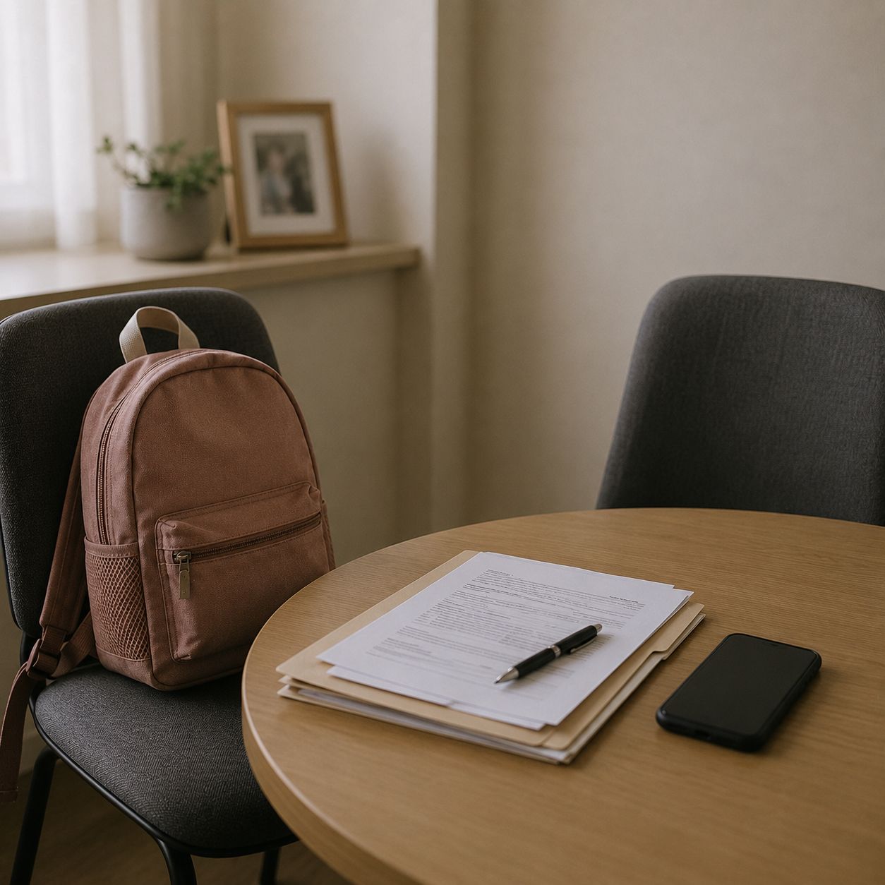 A child’s backpack rests on one chair at a round table. Across from it, an empty chair sits beside paperwork, a pen, and a smartphone. Soft natural light fills the room, creating a quiet and reflective atmosphere.