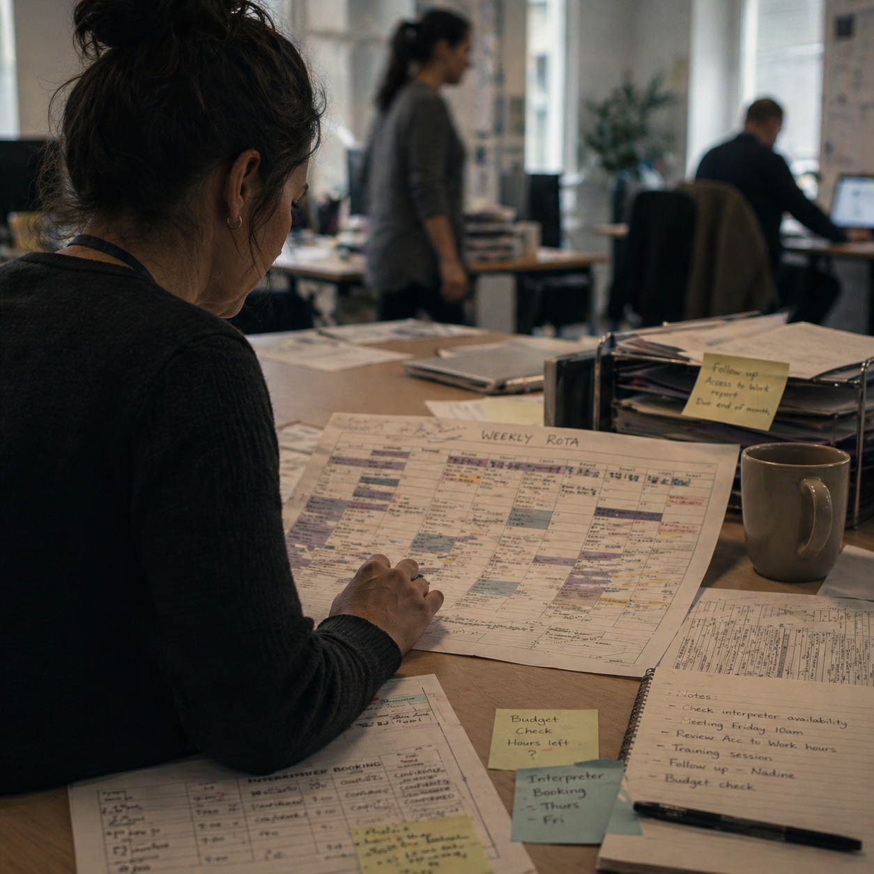 Soft, muted photograph of a woman sitting alone at a busy office desk studying a large weekly rota sheet covered in handwritten notes and colour-coded schedules.