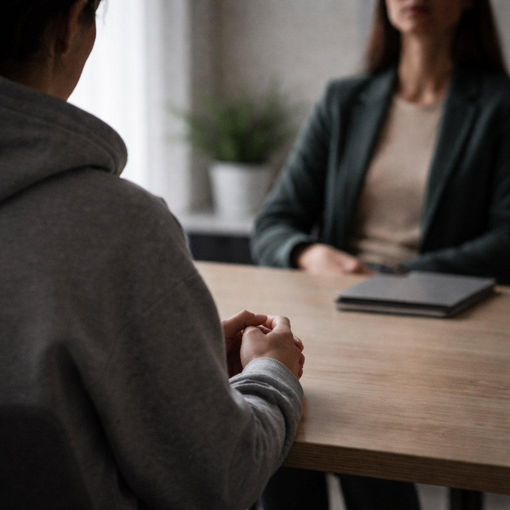 Soft, muted photograph of two people seated across a table in a quiet office setting. In the foreground, one person sits slightly forward with hands clasped together.