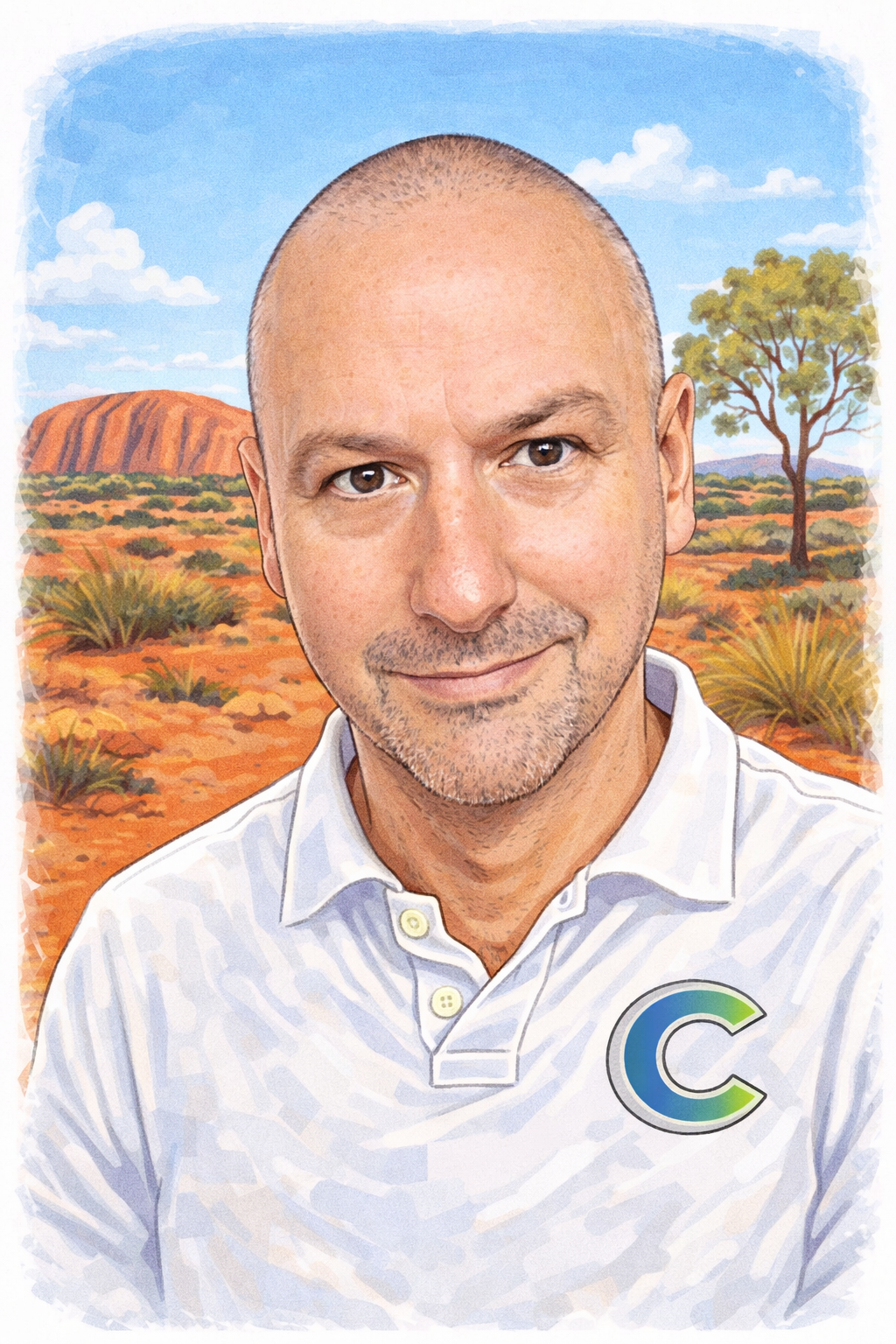 A man with a shaved head and a slight beard, wearing a white shirt with a 'C' logo, standing in front of an Australian outback landscape with red rocks, sparse vegetation, and a blue sky with clouds.